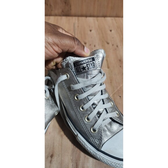 CONVERSE ALL STAR SILVER GLITTERY SHINY LEATHER SNEAKERS, LADIES SIZE 8 - Picture 7 of 9